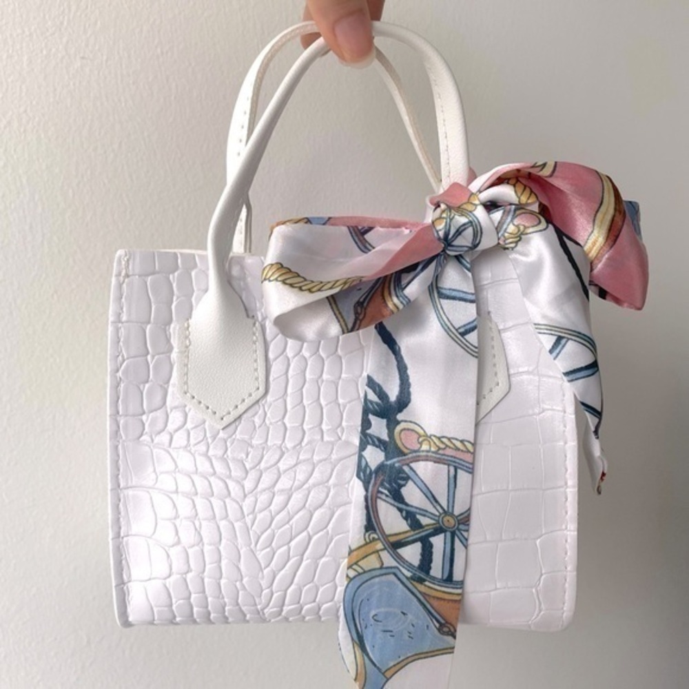 SHEIN : White Mini Crocodile Embossed Bag w Scarf Decor | NWT ✨🤍